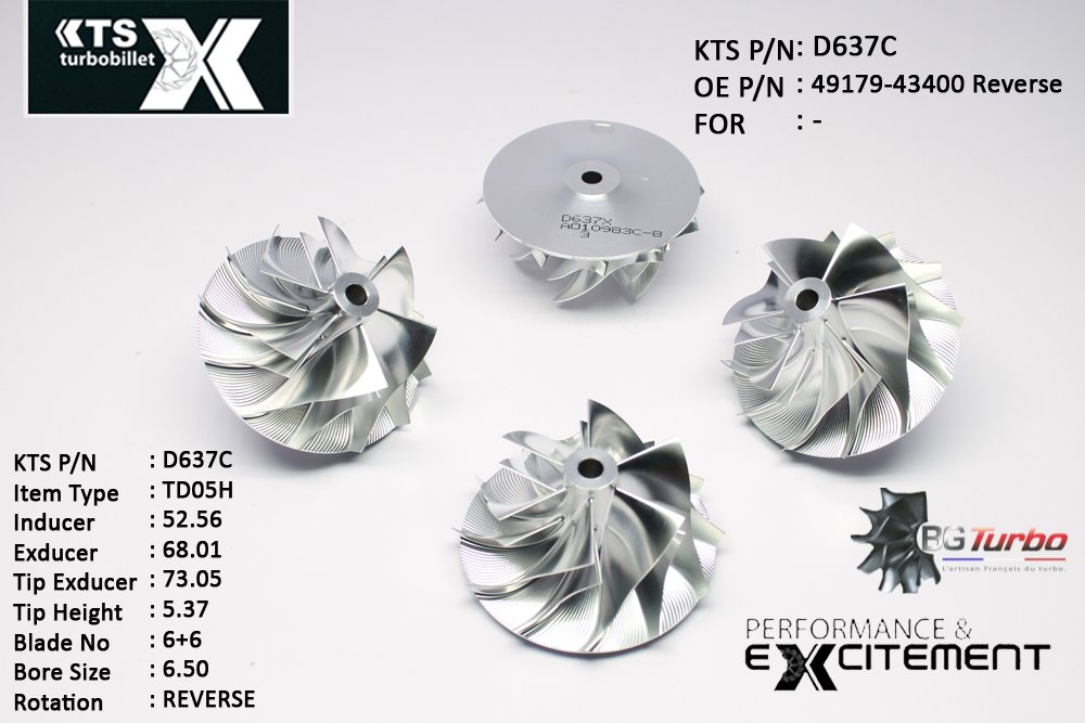 Turbo ROUE FORGÉE MFS PERFORMANCE - 6+6 PALES - INDUCER : 52,56 - EXDUCER : 68,01 - TYPE : TD05HANGLE : 45° - ROTATION : Reverse - SUPER BACK : 2,9 - BORE SIZE : 6,5
